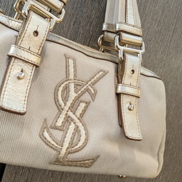 YSL: Metallic Mini Boston Kahala Canvas Leather Tote Shoulder Bag - Picture 12 of 16